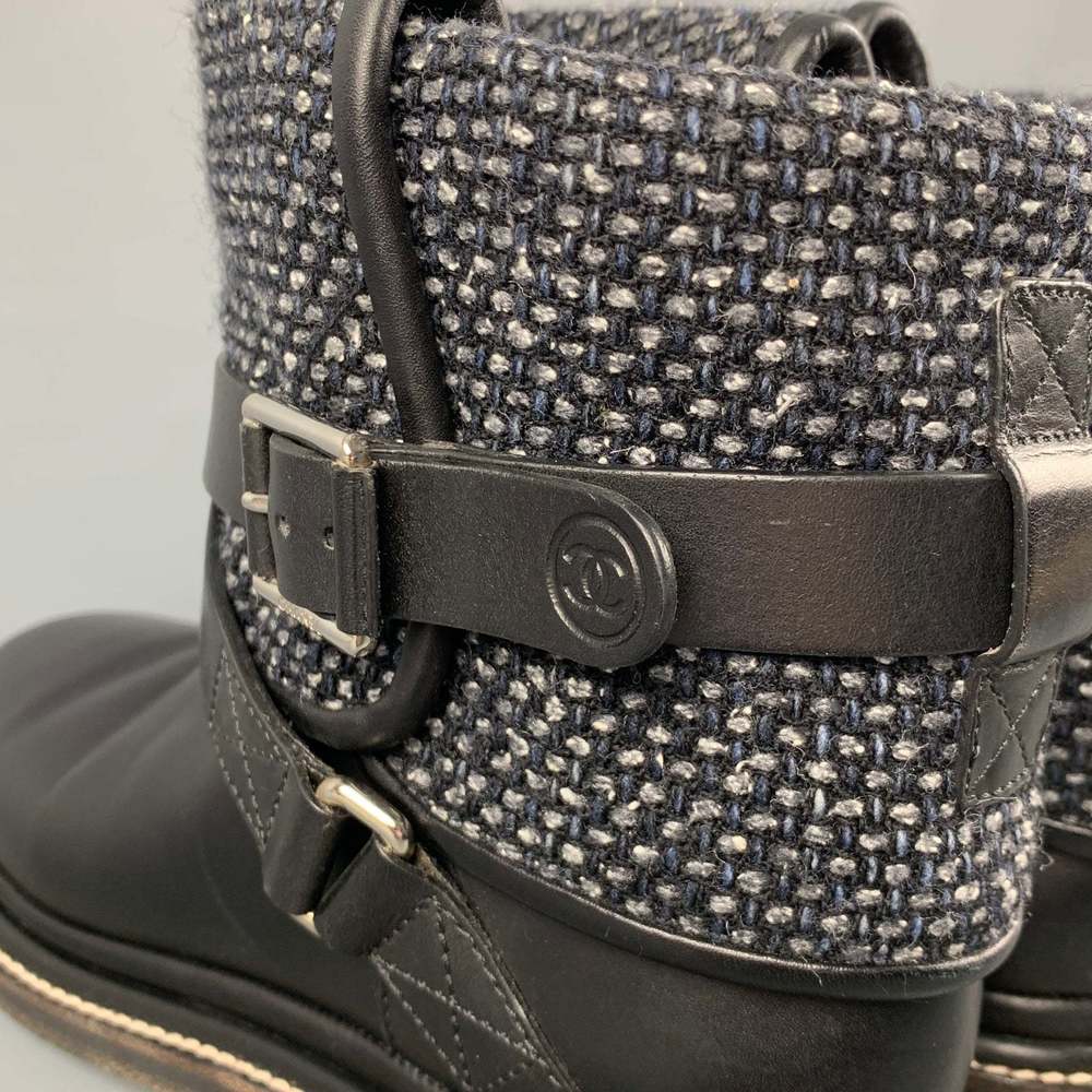 CHANEL Black Grey Tweed Mixed Materials Pull On Boots - Picture 6 of 8